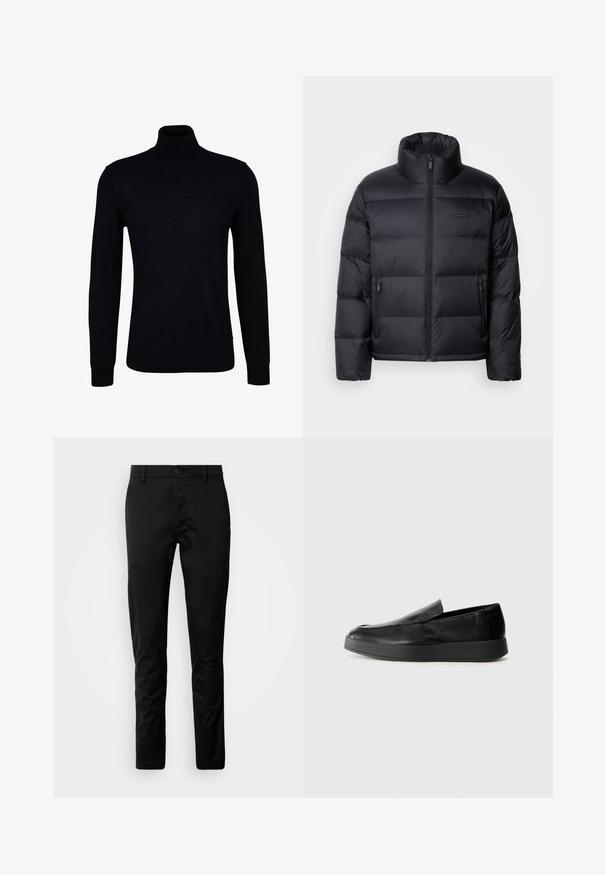 Calvin Klein PUFFER - Sulejope - black; Must mustarümpik sujuvas kudumis. Omab pikki varrukaid, sobivalt kaelust ning soonikuga mansette ja alläärde, et sobituda keha järgi.; Mustad mustriga püksid, mis on valmistatud siledast kangast. Omab vööd nupuga ja sirge lõikega sääri.; Calvin Klein HYBRID CUP - Jalga libistatavad jalanõud - triple black