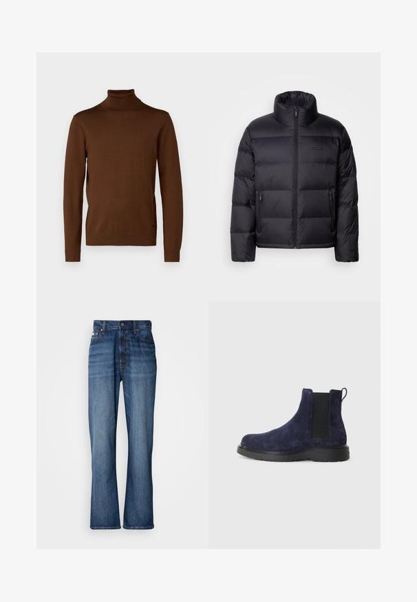 Calvin Klein PUFFER - Gewatteerde jas - black; JOOP! DONTE - Trui - rust/copper; Blauwe denim jeans met een hoge taille, uitlopende pijpen, vijf-vaks ontwerp en tonale stiksels. Bevat een knopenfly en gestikte zakken.; Navy suède Chelsea-boot met elastische zijkanten en een trekhaak. Zwarte rubberen zool met een gestructureerde afwerking voor grip en duurzaamheid.