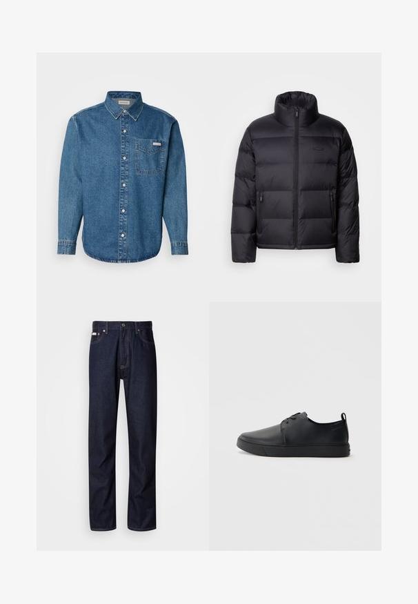Calvin Klein PUFFER - Tollkabát - black; Kék farmer hosszú ujjú ing gombos gallérral, mellzsebbel és kontrasztos varrással. Az anyag textúrája sima, laza stílussal.; Sötétkék farmernadrág egyenes szárú kialakítással, gombos cipzárral, öt zsebbel és kontrasztos varrási részletekkel.; Fekete bőr sportcipő sima felülettel, lekerekített orral, azonos színű varrással, fűzős elülső résszel és lapos gumitalppal. Hurok a sarkán.