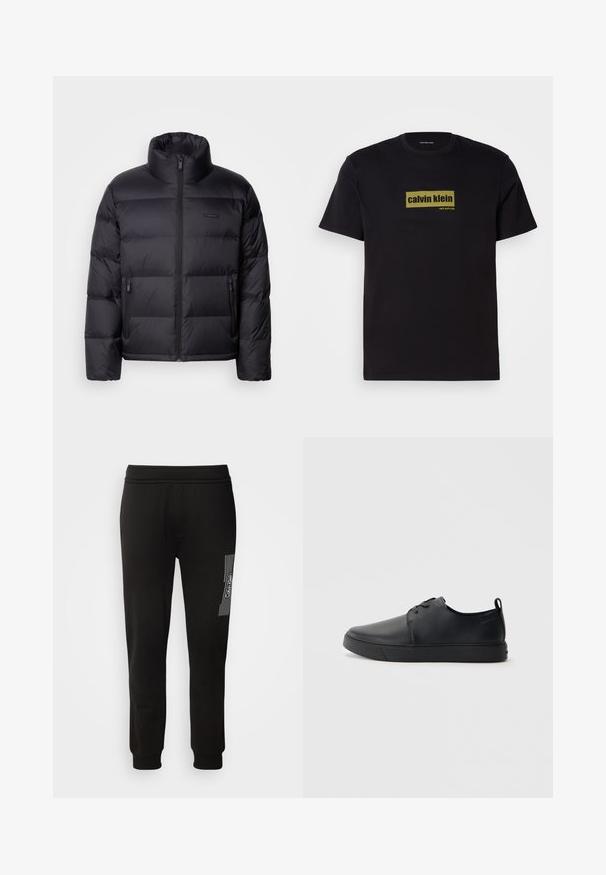 Calvin Klein PUFFER - Gewatteerde jas - black; Zwarte katoenen T-shirt met korte mouwen, met een rechthoekig groen logo waarin de tekst "calvin klein" en "new york city" in vette letters staat.; Calvin Klein HORIZONTAL LOGO SWEATPANTS - Trainingsbroek - black; Zwarte leren sneaker met een gladde afwerking, ronde neus, tonale stiknaden, vetersluiting aan de voorkant en een vlakke rubberen zool. Lussje aan de hak.