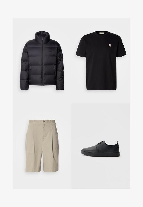 Calvin Klein PUFFER - Tollkabát - black; Fekete pamut póló rövid ujjal, kerek nyakkivágással, és egy kis hímzett logóval a bal oldali mellrészén. Sima tapintású, normál szabású.; Beige színű pamut sort, plissézett elejével, derék gombos záródással és oldalsó zsebeivel. Simás textúrájú, térd hosszú fazon.; Fekete bőr sportcipő sima felülettel, lekerekített orral, azonos színű varrással, fűzős elülső résszel és lapos gumitalppal. Hurok a sarkán.