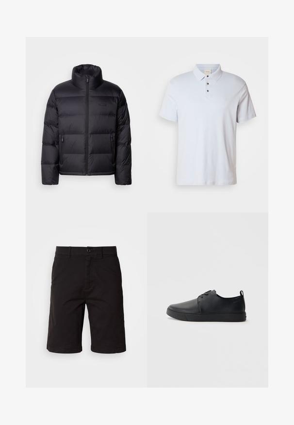 Calvin Klein PUFFER - Dunjakke - black; Lyseblå polo skjorte laget av bomull, med tre-knaps placket, foldet krage, korte ermer, og en liten logo på brystet.; Svarte shorts laget av et lett stoff, med knapping foran, beltehemper, sidelommer og rett snitt med rullekanter.; Svart lær sneakers med glatt overflate, rund tå, tonede sømmer, snøring foran og flat gummisåle. Løkke på hælen.