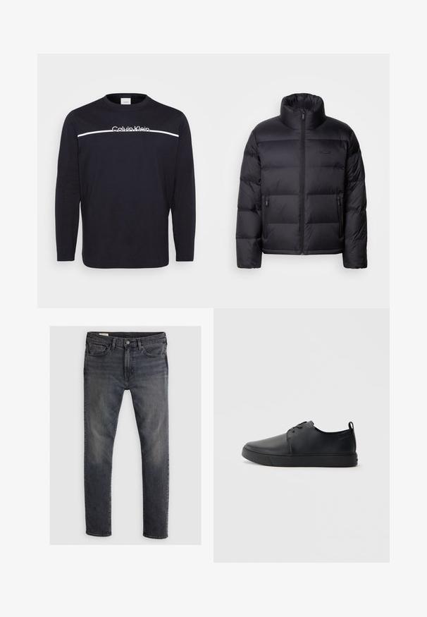 Calvin Klein PUFFER - Puhovka - black; Črna majica z dolgimi rokavi iz bombaža, z belo vodoravno črto in belim napisom "Calvin Klein" na prsih.; Temno modri traper hlače s ravnim krojem, ki vključujejo zadrgo, zanke za pas in blede teksture. Klasičen 5-žepni slog s kovinskimi detajli v bakreni barvi.; Črne usnjene športne čevlje z gladko površino, okroglo oblikovano nosilo, toniranim šivanjem, vezanjem spredaj in ravnim gumijastim podplatom. Zanko na peti.