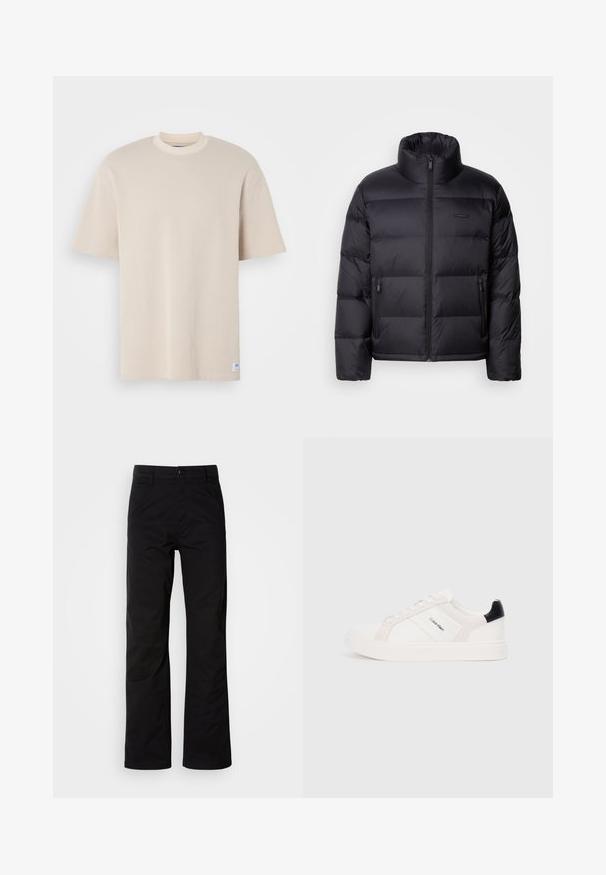 Calvin Klein PUFFER - Casaco de penas - black; T-shirt bege com nervuras, de gola redonda e mangas curtas, apresentando um rótulo da marca visível no canto inferior esquerdo.; Calças de algodão pretas com um design de perna reta, apresentando fecho de botão e passantes para cinto. Textura suave e estilo minimalista sem padrões visíveis.; Sapatilhas brancas com detalhes em rosa claro e preto, apresentando painéis de couro liso e camurça, biqueira redonda e sola de borracha plana.
