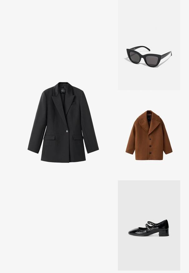 Hnedý vlnený kabát s veľkým golierom, dlhými rukávmi a piatimi prednými gombíkmi. Disponuje čistým, obdĺžnikovým dizajnom a textúrovanou tkaninou.; Čierny blazer vyrobený z hladkej textílie, s výstrihom do V, jedným gombíkom na zapínanie a dvoma bočnými vreckami. Strih so zúžením a dlhé rukávy.; Čierne lakované kožené topánky Mary Jane s špicatou špičkou, dvoma nastaviteľnými remienkami s kruhovým kovovým prvkom a nízkym blokovým opätkom.; Čierne slnečné okuliare v štýle mačacích očí s matným povrchom, so šedými tónovanými sklami, ostrými hranami a elegantnými bokovými ramenami. Názov značky je viditeľný na vnútornom ramene.; Čierna kožená kabelka na rameno s hladkou textúrou, zakriveným tvarom a nastaviteľným popruhom. Obsahuje minimálne švy a jednoduchý dizajn.