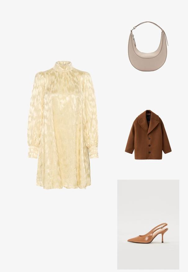 Rjav volnen plašč z velikim ovratnikom, dolgimi rokavi in petimi sprednjimi gumbi. Ima čist, kvadraten dizajn in teksturirano tkanino.; Gestuz DALILA - Koktajl obleka/za zabavo - butter yellow; Slinčaste pete z ostro konico v gladkem, sijočem bež materialu. Imajo ukrivljen rez in vitko stiletto peto. Podrobnost s srebrno zaponko.; Bež usnjena torba za rame v obliki kružnice, z gladko teksturo in eno ukrivljeno zanko. Ima zadrgo in urejen šiv.