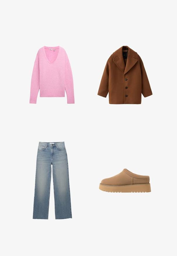 Brauner Wollmantel mit großem Revers, langen Ärmeln und fünf vorderen Knöpfen. Verfügt über ein sauberes, kastiges Design und einen strukturierten Stoff.; Rosa gestrickter Pullover mit V-Ausschnitt, faltigen Schultern, gerippten Bündchen und Saum. Weiche Textur und entspannter Schnitt.; Helle blaue weit geschnittene Jeans aus Denim mit hoher Taille, vorderen Taschen und einem Knopfverschluss. Glatte Textur mit ausgewaschenen Stellen.; Braune Slipper aus weichem Material, mit runder Zehenpartie und dicker, gerippter Sohle. Mit dezenter Naht an der Seite.