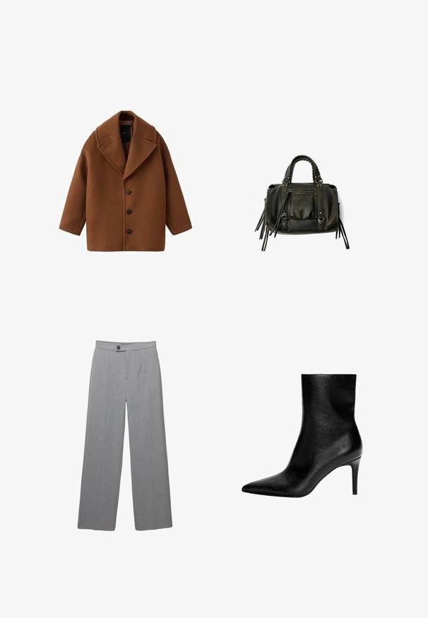 Smeđi vuneni kaput s velikim reverima, dugim rukavima i pet dugmadi sprijeda. Ima čist, kutijasti dizajn i teksturiranu tkaninu.; Bijela majica od mekane, lagane tkanine. Ima okrugli izrez i kratke, široke rukave s ležernim krojem. Bez vidljivih uzoraka.; Sive krojene hlače širokih nogavica, ravne prednje strane i suptilne teksture. Imaju jedan gumb za zatvaranje i čiste linije.; Crna kožna gležnjača elegantnog silueta, s vrhom u špic i visokom stiletto potpeticom. Glatka tekstura, minimalistički dizajn bez vidljivih metalnih detalja.; Crna kožna torba s pletenim ručkama, džepom na zatvarač i visećim resicama. Teksturirana površina s metalnim zakovicama i hardverskim naglascima.