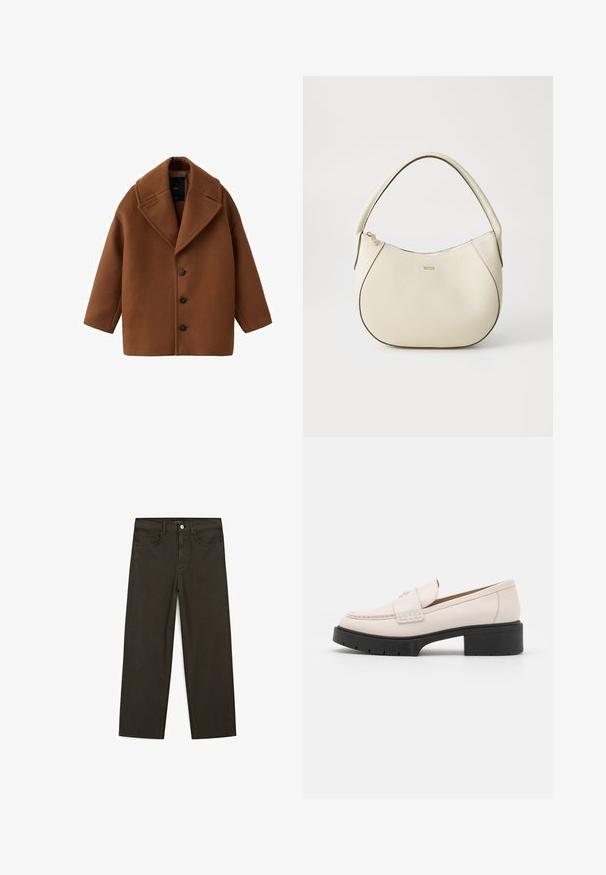 Brun uldfrakke med stor krave, lange ærmer og fem knapper foran. Har et rent, firkantet design og struktureret stof.; Hvid kortærmet sweater med et kabelstrik mønster, rund halsudskæring og ribbet kant. Blød tekstur, afslappet pasform og rent design.; Mørkegrønne brede jeans lavet af en bomuldsblanding, med en frontlukning med knap, fem lommer og klassisk denim-syning.; Lys beige læder loafers med en syet front og en tekstureret sort platformhæl. Har et buet design og en let hævning.; Cremefarvet håndtaske med tekstureret finish, buet form, kort håndtag og guldfarvet logo-detalje. Lynlås lukning øverst.