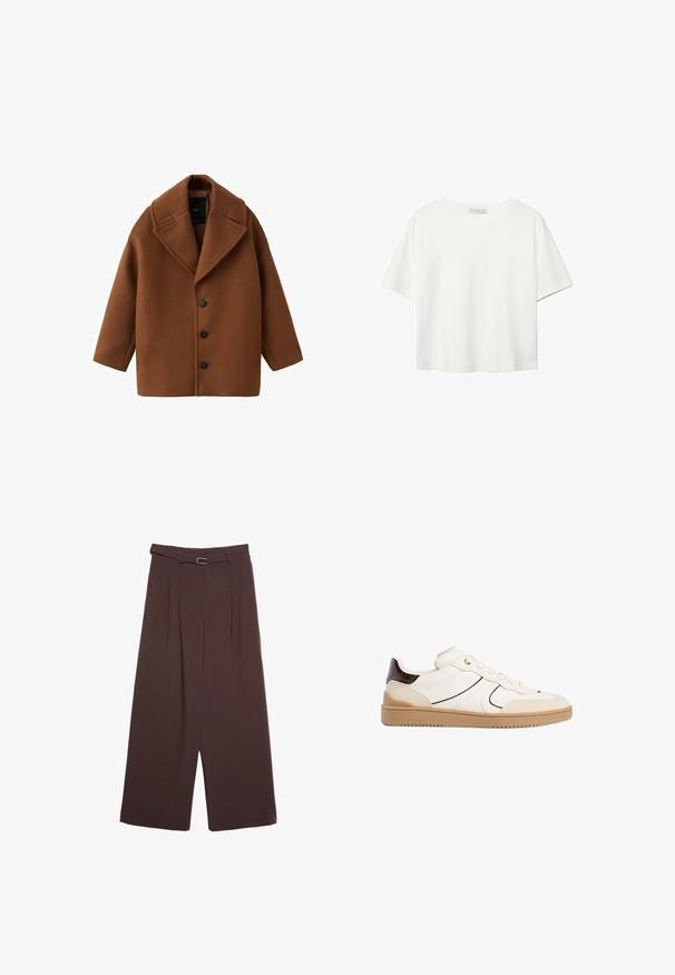 Bruine wollen jas met grote revers, lange mouwen en vijf knopen aan de voorkant. Kenmerkt zich door een strakke, boxy uitstraling en een gestructureerde stof.; Witte korte mouwen t-shirt van katoen. Heeft een ronde halslijn en een ontspannen pasvorm. Glad textuur zonder zichtbare patronen of accenten.; Stradivarius WIDE-LEG WITH BUCKLE DETAIL  - Broek - dark brown; Stradivarius Sneakers laag - white