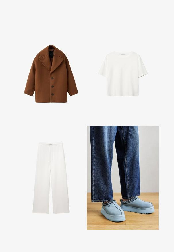 Rjav volnen plašč z velikim ovratnikom, dolgimi rokavi in petimi sprednjimi gumbi. Ima čist, kvadraten dizajn in teksturirano tkanino.; Bela kratka majica s kratkimi rokavi iz bombaža. Ima okroglo izrezovanje in sproščen kroj. Gladka tekstura brez vidnih vzorcev ali poudarkov.; Ohlapne bele hlače belega videza s elastičnim pasom in vrvico, zasnovane za sproščeno nošenje.; Modri semiš natikači UGG z debelimi podplati, oblečeni z modrimi kavbojkami na leseni tla pred enostavno ozadje.