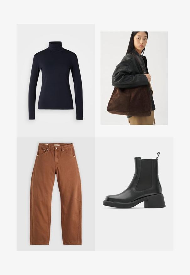 Palton din lână maro, cu rever mare, mâneci lungi și cinci nasturi frontali. Are un design curat, pătrățos și un material texturat.; Tricou cu guler haină în navy, cu mânecă lungă. Fabricat dintr-un material moale, cu o textură netedă. Prezintă un design ajustat și un guler înalt fără cusături vizibile.; Jeanși drepti de culoare ruginită, cu buzunare frontale și spate, nituri metalice, închidere cu nasture și bucle pentru curea, întinși pe un fundal alb.; Botine negre din piele, cu panouri elastice pe laterale, vârf rotund și toc gros. Textură netedă cu un design minimalist.; Geantă de umăr din suede maro, cu o formă largă și o textură moale, având o singură curea și hardware minim pe un fundal neutru.