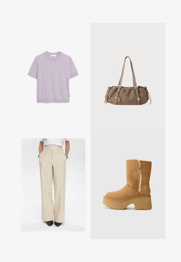 Bruine wollen jas met grote revers, lange mouwen en vijf knopen aan de voorkant. Kenmerkt zich door een strakke, boxy uitstraling en een gestructureerde stof.; Korte mouwen lavendelkleurige gebreide top met ronde hals en ribgebreide boorden, gelabeld "ARMEDANGELS" op het halslabel.; Beige wijdvallende broek met hoge taille, zijzakken, gladde stof en plooi details; gedragen met zwarte puntige schoenen.; UGG NEW HEIGHTS CUFF - Snowboots - chestnut; Bruine suède handtas met een gerimpelde bovenkant, zilveren hardware accenten en twee schouderbanden. Heeft een rechthoekige vorm en een minimalistisch design.