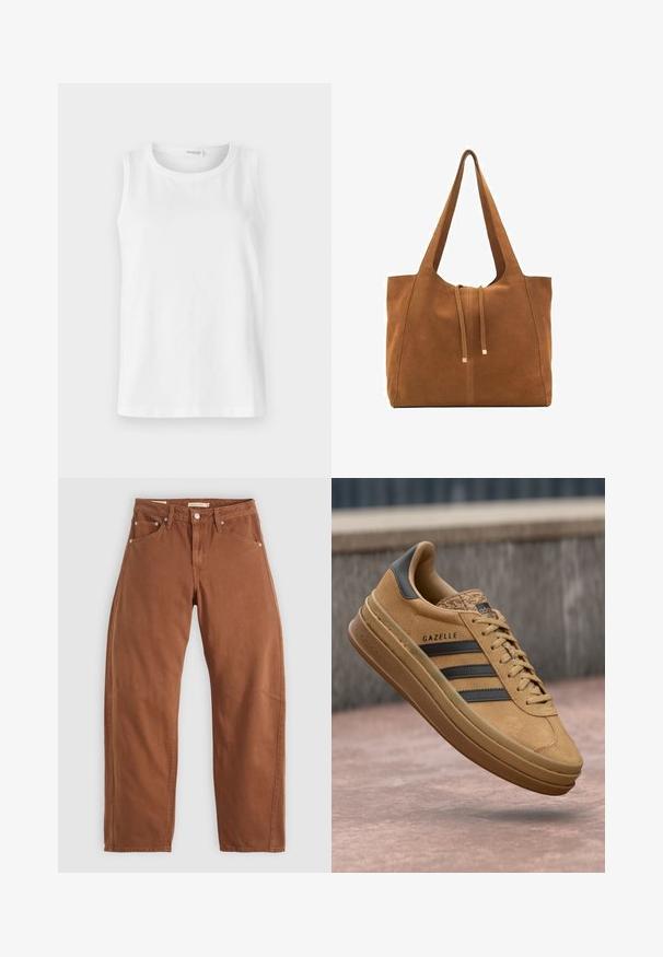 Hnědý vlněný kabát s velkým límcem, dlouhými rukávy a pěti předními knoflíky. Disponuje čistým, boxovitým designem a texturovanou látkou.; Bílý bezrukávový top vyrobený z měkké bavlny. Obsahuje kulatý výstřih a rovný střih. Jednoduchý design bez viditelných vzorů nebo akcentů.; Hnědé rovné džíny barvy rezavé s předními a zadními kapsami, kovovými nýty, zapínáním na knoflík a poutky na opasek, ležící rozložené na bílé pozadí.; Světlé semišové tenisky s hladkou texturou, se třemi tmavými pruhy, zaoblenou špičkou a silnější podrážkou se vzorovaným okrajem.; Hnědá semišová taška s dvěma dlouhými popruhy, stahovací šňůrkou a minimalistickým designem. Hladký povrch a žádné viditelné kovové akcenty.