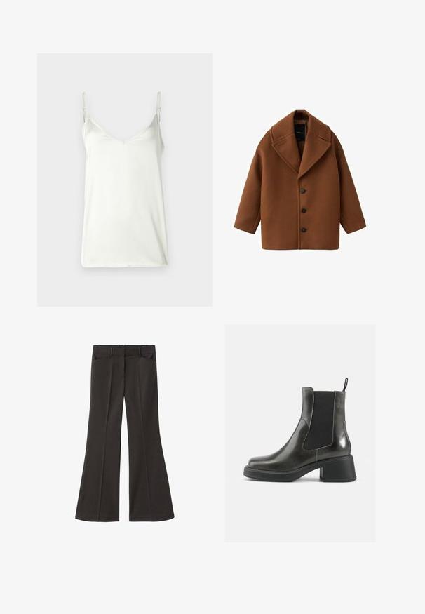 Cappotto di lana marrone con ampio risvolto, maniche lunghe e cinque bottoni frontali. Presenta un design pulito e squadrato con tessuto testurizzato.; Top bianco senza maniche realizzato in tessuto morbido, con spalline sottili e regolabili e scollatura a V. Design semplice senza motivi o decorazioni.; Pantaloni neri a zampa d'elefante con vita alta; presentano due tasche frontali e una texture del tessuto liscia. Adatti per varie occasioni.; Stivali alla caviglia in pelle nera con una finitura liscia, pannelli laterali elastici e un tacco robusto. Presentano una linguetta per facilitare l'inserimento.