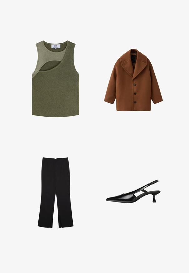 Manteau en laine marron avec un grand col, des manches longues et cinq boutons sur le devant. Présente un design propre et carré ainsi qu'un tissu texturé.; Scalpers Débardeur - khaki; Pantalon noir avec une coupe droite, doté de poches avant et d'éclairs sur l'ourlet. Fabriqué en tissu doux et lisse. Convient à diverses occasions.; Escarpins slingback en cuir verni noir avec un bout pointu, un design découpé sur les côtés et un petit talon carré. Texture lisse avec des accents minimaux.