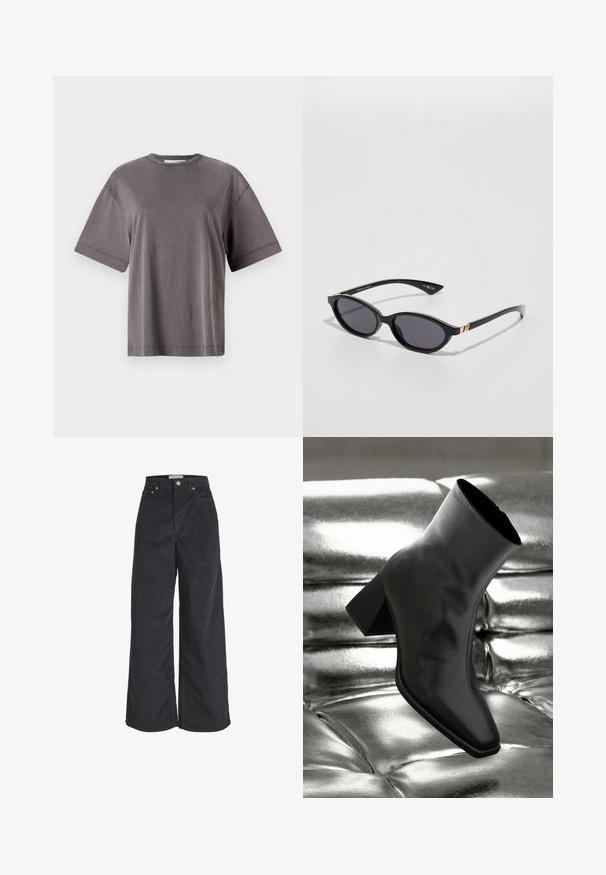 Hnedý vlnený kabát s veľkým golierom, dlhými rukávmi a piatimi prednými gombíkmi. Disponuje čistým, obdĺžnikovým dizajnom a textúrovanou tkaninou.; Sivá tričko s krátkym rukávom a okrúhlym výstrihom, s voľným strihom a hladkou, jemnou textúrou. Bez viditeľných vzorov alebo akcentov.; Čierne kordové nohavice s širokými nohavicami, vysokým pásom, predným zapínaním na gombík a dvoma bočnými vreckami. Mäkká textura a rovný strih.; Čierne členkové topánky vyrobené z lesklého materiálu so štvorcovou špičkou a zúženým podpätkom, na lesklom striebornom podklade s vystuženým vzorom.; Čierne slnečné okuliare s oválnymi šošovkami, tmavým prechodovým zafarbením a štíhlymi ramenami s jemnými zlatými akcentmi. Hladký plastový povrch.