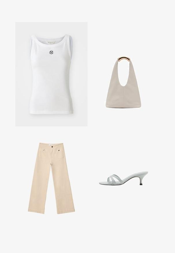 Brun uldfrakke med stor krave, lange ærmer og fem knapper foran. Har et rent, firkantet design og struktureret stof.; Hvid tanktop lavet af ribbet stof, med en scoop halsudskæring og et sort logo på fronten. Ærmeløst design med en tætsiddende silhuet.; Beige breddebenede bukser i blød bomuld med to frontlommer med sølvfarvet hardware, lige snit og pænt afsluttede kanter.; Lys grå hælede sandaler med tre krydsspiraler, en slank profil og en tilspidset hæl. Glat tekstur med en let skinnende finish.; Lysegrå lædertaske med et U-formet design og et buet metallisk håndtag. Glat tekstur med minimal syning og ingen synlige mønstre.
