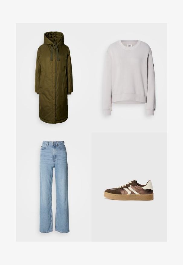Olivgrön, vadderad lång jacka med en rymlig huva, dragsko och två sidofickor. Slät textur, rak skärning och rundad nederdel.; Ljusgrå sweatshirt med rund hals, långa ärmar, ribbade muddar och en något cropped fåll. Har diskreta sömmar fram.; Ljust blå högmidjade jeans med rak ben, tillverkade av denim, med en framknäppning och subtila blekningar.; Bruna och krämfärgade sneakers med en kombination av mocka och satinmaterial, med tre diagonala ränder och en texturerad gummisula.