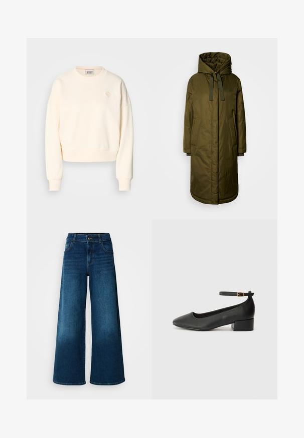 oliwkowy, pikowany długi płaszcz z przestronnym kapturem, sznurkiem ściągającym i dwiema bocznymi kieszeniami. Gładka tekstura, prosty krój i zaokrąglony dół.; Kremowy, krótki sweter z okrągłym dekoltem, ściągaczami na rękawach oraz delikatnym haftowanym logo na piersi. Miękka tkanina.; Jeansy typu wide-leg wykonane z ciemnoniebieskiego denimu. Posiadają wysoki stan, zapięcie na guzik oraz klasyczny pięcioz pockets z subtelnym blaknięciem.; Czarne skórzane szpilki z ostrym noskiem i niskim słupkowym obcasem. Wyposażone w pasek na kostkę z złotym zapięciem. Gładka tekstura.