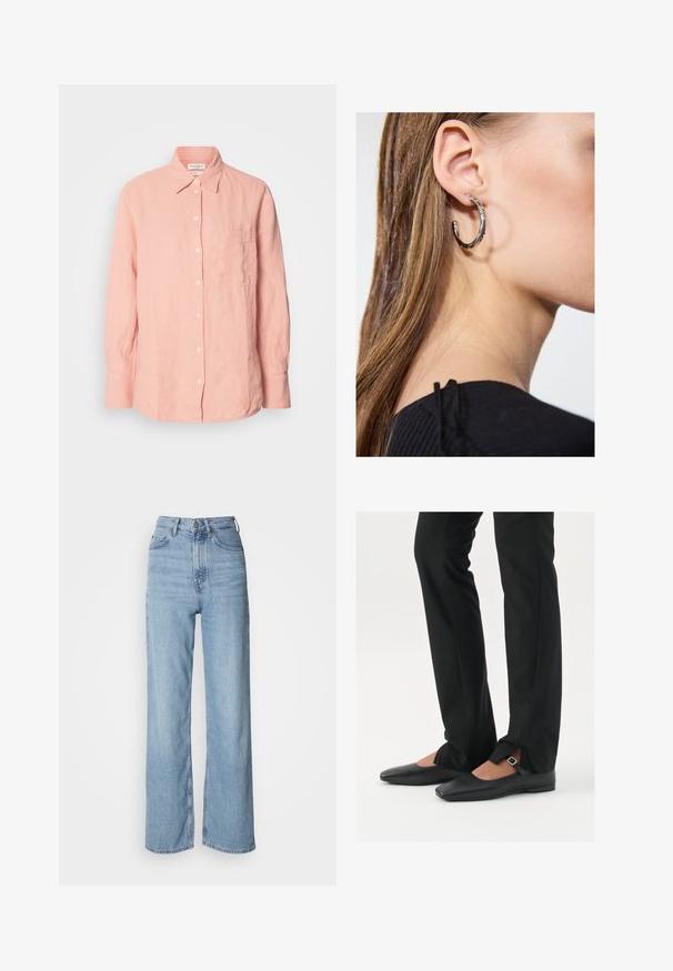 Olive green, padded long coat with a spacious hood, drawstrings, and two side pockets. Smooth texture, straight cut, and rounded hem.; Light pink linen shirt with a collared neck, button front, long sleeves, and a pocket on the left side. Textured fabric with a casual fit.; Light blue high-waisted jeans with a straight leg, made of denim, featuring a front button closure and subtle fading details.; Black leather ballet flats with a pointed toe, strap with silver buckle, paired with black tailored pants featuring a slit hem.; Silver hoop earring with a polished finish, featuring small gold accent details and a round shape, worn on the lobe.