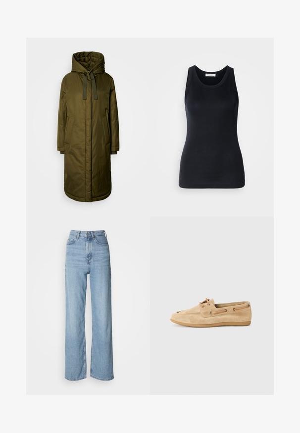 Tamsiai žalia, paminkštinta ilga striukė su erdvia kepure, raišteliais ir dviem šoninėmis kišenėmis. Lygi tekstūra, tiesus kirpimas ir apvalūs kraštai.; Juodas tanktopas, pagamintas iš minkštos, elastingos medžiagos. Jame yra apykaklės forma ir plačios petnešos, su prigludusia siluetu ir lygiu paviršiumi.; Šviesiai mėlynos aukštu juosmeniu džinsinės kelnės su tiesiomis kojomis, pagamintos iš džinsinio audinio, su priekiniais mygtukais ir subtiliais blukimo akcentais.; Smėlio spalvos zomšiniai bateliai su apvalia nosimi, plokščiu guminiu padu ir raištelių detalėmis. Yra rudos odos akcentų ir siuvinėjimų iš šonų.