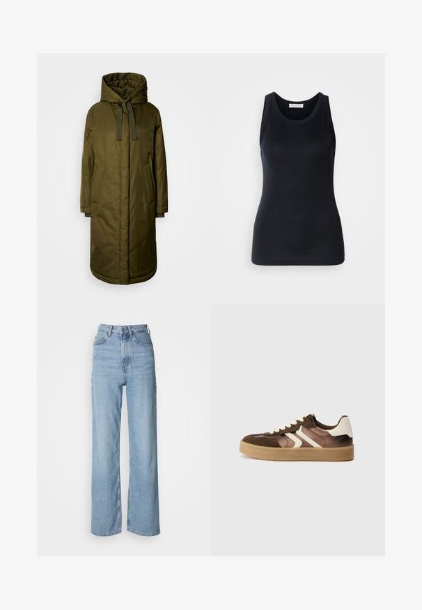 Olivgrön, vadderad lång jacka med en rymlig huva, dragsko och två sidofickor. Slät textur, rak skärning och rundad nederdel.; Svart linne i mjukt, stretchigt material. Har rund halsringning och breda axelremmar, med en figurnära silhuett och slät yta.; Ljust blå högmidjade jeans med rak ben, tillverkade av denim, med en framknäppning och subtila blekningar.; Bruna och krämfärgade sneakers med en kombination av mocka och satinmaterial, med tre diagonala ränder och en texturerad gummisula.
