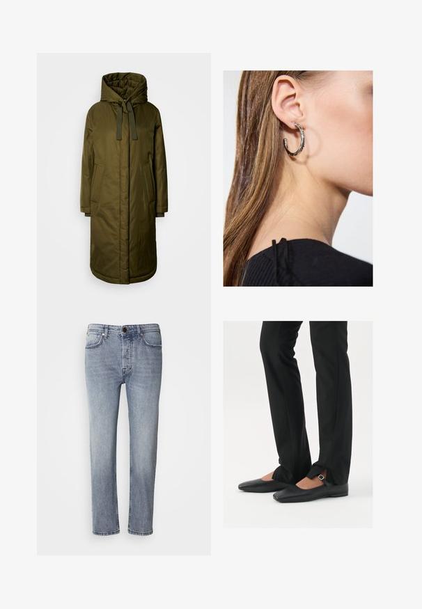Casaco longo, almofadado, na cor verde-oliva, com um capuz espaçoso, cordões de ajuste e dois bolsos laterais. Textura suave, corte reto e barra arredondada.; Top preto de alças feito de um tecido macio e elástico. Apresenta uma gola redonda e alças largas, com uma silhueta ajustada e textura suave.; Jeans de ganga azul claro com um ajuste descontraído, pernas retas e um desbotamento subtil. Apresenta um fecho frontal de botão e cinco bolsos para utilidade.; Sapatilhas de balé pretas em couro com bico fino, tira com fivela prateada, combinadas com calças pretas ajustadas com bainha fendida.; Brinco de argola prateada com acabamento polido, apresentando pequenos detalhes em dourado e uma forma redonda, usado na orelha.