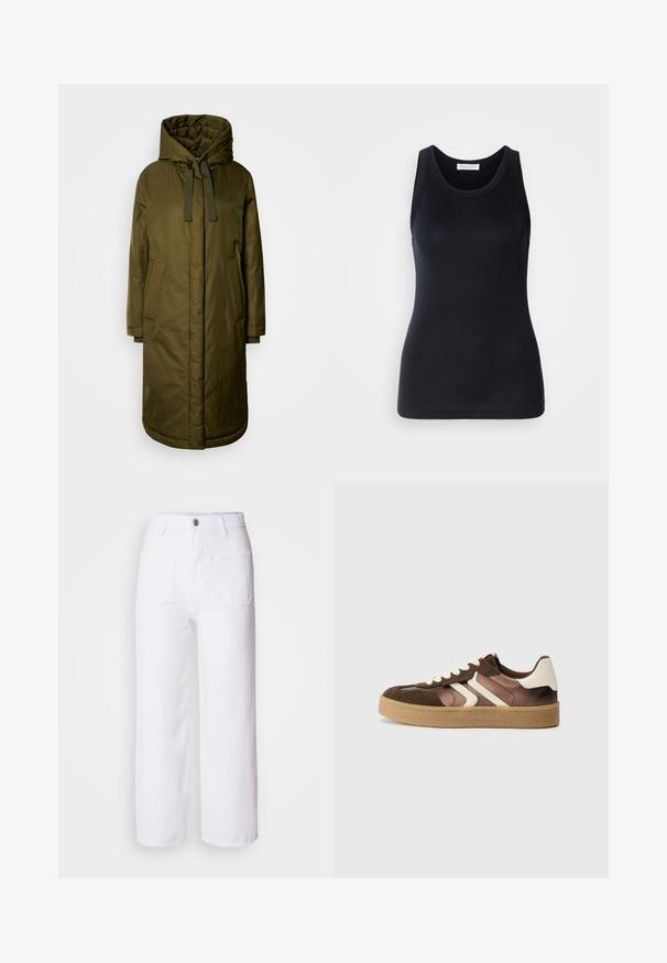 Olivno zelena, podložena dolga bunda s prostorno kapuco, vrvico in dvema stranskima žepoma. Gladka tekstura, raven kroj in zaobljen rob.; Črn top brez rokavov, izdelan iz mehkega, raztegljivega materiala. Ima okrogel ovratnik in široke naramnice, s prilagojeno silhueto in gladko teksturo.; Bela denim široka hlače z gumbom, zanke za pas, dvema sprednjima žepoma in enim zadnjim žepom. Trajna in teksturirana tkanina.; Rjave in kremne športne copate iz kombinacije semiša in satena, s tremi diagonalnimi črtami in teksturirano gumijasto podplatom.