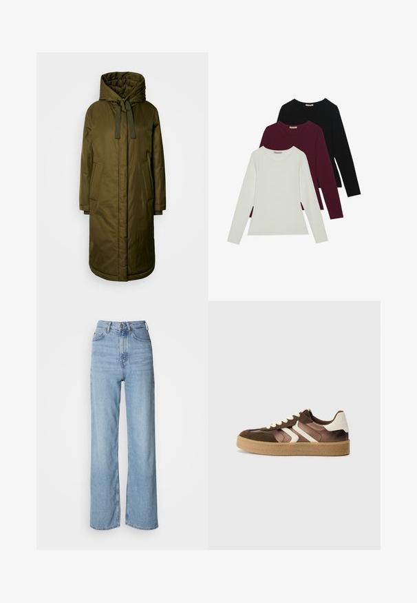 Oliivinvihreä, pehmeä pitkä takki, jossa on tilava huppu, kiristysnauhat ja kaksi sivutaskua. Sujuva kangas, suora leikkaus ja pyöristetty helma.; Pitkähihaiset t-paidat valkoisena, burgundinpunaisena ja mustana. Valmistettu pehmeästä kankaasta, jossa on pyöreä kaula-aukko ja vartalonmyötäinen muotoilu. Sopii hyvin kerroksittain käytettäväksi.; Vaaleansiniset korkeavyötäröiset farkut suoran lahkeen kanssa, valmistettu denimistä, edessä nappisuljenta ja huomaamattomat haalistumat.; Ruskeat ja kermaiset tennarit, joissa on mokkanahka- ja satiinimateriaaleja, kolmena vinona nauhana ja teksturoitu kumipohja.