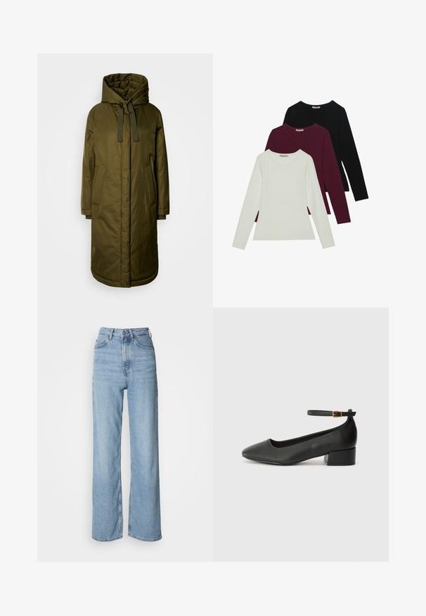 Abrigo largo acolchado de color verde oliva, con capucha amplia, cordones y dos bolsillos laterales. Textura suave, corte recto y dobladillo redondeado.; Camisetas de manga larga en blanco, burdeos y negro. Fabricadas con una tela suave, con escote redondo y diseño ajustado. Adecuadas para capas.; Vaqueros de tiro alto de color azul claro con pernera recta, hechos de denim, que presentan un cierre frontal con botón y detalles de desgaste sutil.; Zapato de tacón negro de cuero con punta afilada y tacón bajo cuadrado. Presenta una correa para el tobillo con una hebilla en tono dorado. Textura suave.