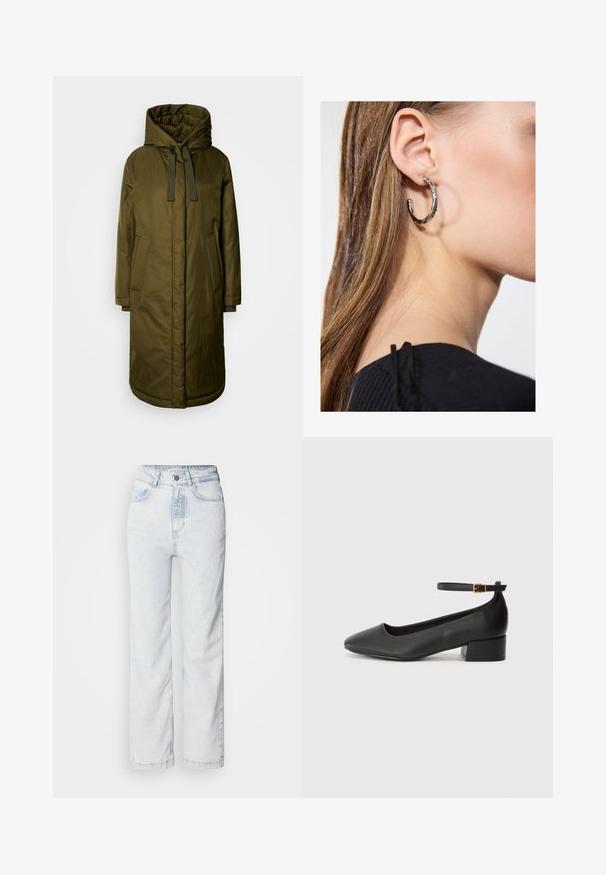 Olivengrønn, polstret lang frakk med romslig hette, snorer og to sidelommer. Glatt tekstur, rett snitt og rundet kant.; Hvit bomullstopp med vid halsutskjæring og tynne skulderstropper. Glatt tekstur uten synlige mønstre eller dekorasjoner.; Lyseblå høy midje jeans med rett benpassform, laget av denim. Har knappestuss, fem-lomme design og subtilt falmet tekstur.; Sorte skinnpumper med spiss tå og lav blokkhelt. Har ankelrem med gullfarget spenne. Glatt tekstur.; Sølv ringøredob med en polert finish, med små gull detaljer og en rund form, båret på øreflippen.