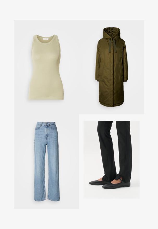 Oliivinvihreä, pehmeä pitkä takki, jossa on tilava huppu, kiristysnauhat ja kaksi sivutaskua. Sujuva kangas, suora leikkaus ja pyöristetty helma.; Vaaleanoliivinvihreä hihaton toppi, joka on valmistettu pehmeästä kankaasta. Siinä on pyöreä kaula-aukko ja siistit saumat.; Vaaleansiniset korkeavyötäröiset farkut suoran lahkeen kanssa, valmistettu denimistä, edessä nappisuljenta ja huomaamattomat haalistumat.; Musta nahkakengät balettityylillä, kärjessä terävä muoto, hihna hopeasoljella, yhdistetty mustiin räätälöityihin housuihin, joissa on halkiohelma.