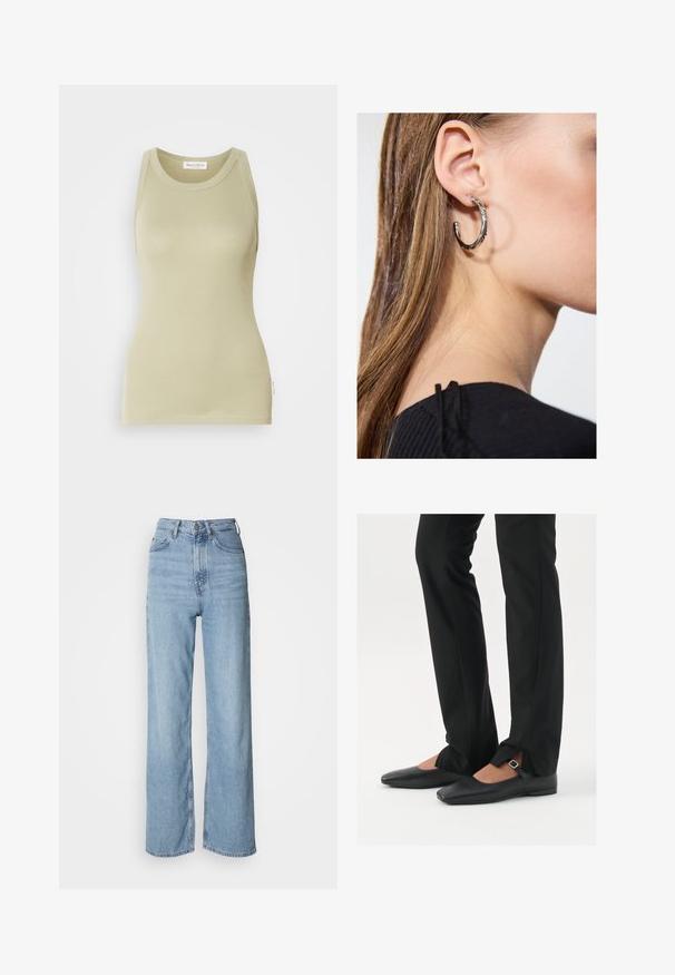 Olivovo zelený, polstrovaný dlhý kabát s priestrannou kapucňou, sťahovacími šnúrkami a dvoma bočnými vreckami. Hladký textúr, rovný strih a zaoblený lem.; Svetlo olivovozelený top bez rukávov vyrobený z mäkkého materiálu. Má zaoblený výstrih a čisté zakončenie.; Svetlo modré vysoko pásové džínsy s rovnými nohavicami, vyrobené z denimu, s predným zapínaním na gombíky a jemnými vyblednutými detailmi.; Čierne kožené baletky s špicatou špičkou, remienkom so striebornou prackou, skombinované s čiernymi strihovými nohavicami so rozparkom na leme.; Strieborná kruhová náušnica s lesklým povrchom, obsahujúca malé zlaté akcenty a okrúhly tvar, nosená na lalôčiku ucha.