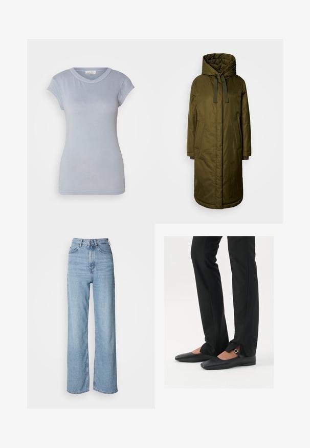 Tamsiai žalia, paminkštinta ilga striukė su erdvia kepure, raišteliais ir dviem šoninėmis kišenėmis. Lygi tekstūra, tiesus kirpimas ir apvalūs kraštai.; Šviesiai mėlynas trumpomis rankovėmis marškinėliai, su apvaliu iškirpimu ir prigludusia forma, pagaminti iš lygaus audinio. Visiškai švarus dizainas ir subtilus siuvinėjimas.; Šviesiai mėlynos aukštu juosmeniu džinsinės kelnės su tiesiomis kojomis, pagamintos iš džinsinio audinio, su priekiniais mygtukais ir subtiliais blukimo akcentais.; Juodų odinių balerinų batų su smailiu priekiu, juostele su sidabro sagtimi, derinami su juodomis pritaikytomis kelnėmis, turinčiomis plyšinį hemą.