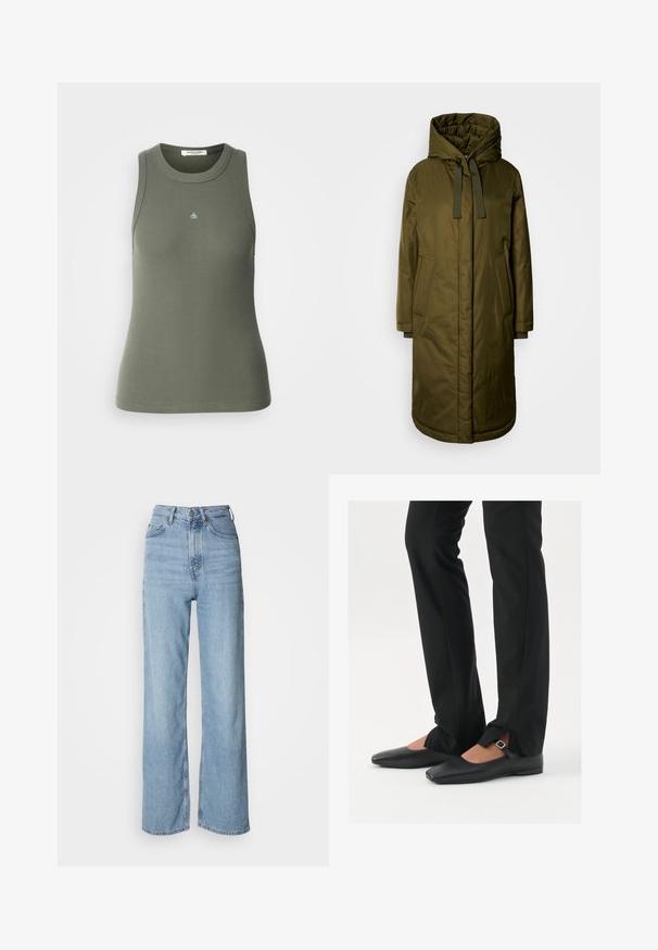 oliwkowy, pikowany długi płaszcz z przestronnym kapturem, sznurkiem ściągającym i dwiema bocznymi kieszeniami. Gładka tekstura, prosty krój i zaokrąglony dół.; Prążkowany, bezrękawnik w kolorze oliwkowym z okrągłym dekoltem. Z przodu ma małe niebieskie logo "&". Miękki, elastyczny materiał.; Jasnoniebieskie jeansy z wysokim stanem i prostą nogawką, wykonane z denimu, z zapięciem na przedni guzik i delikatnymi efektami przecierania.; Czarne skórzane baletki z ostro zakończonym noskiem, paskiem z srebrną klamrą, w połączeniu z czarnymi spodniami o dopasowanym kroju z rozcięciem u dołu.