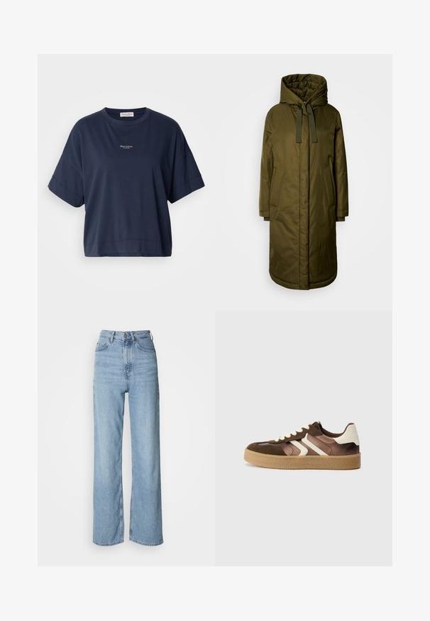Olijf groene, gevoerde lange jas met een ruime capuchon, trekkoorden en twee zakken aan de zijkant. Gladde textuur, rechte snit en ronde zoom.; Marineblauw, korte mouwen t-shirt van zacht katoen. Heeft een ronde hals en een klein logo gedrukt op de borst. Casual pasvorm.; Lichtblauwe high-waisted jeans met een rechte pijp, gemaakt van denim, met een sluiting aan de voorkant met knopen en subtiele vervagingdetails.; Bruine en crèmekleurige sneakers van een combinatie van suede en satijn, met drie diagonale strepen en een gestructureerde gumrubberen zool.