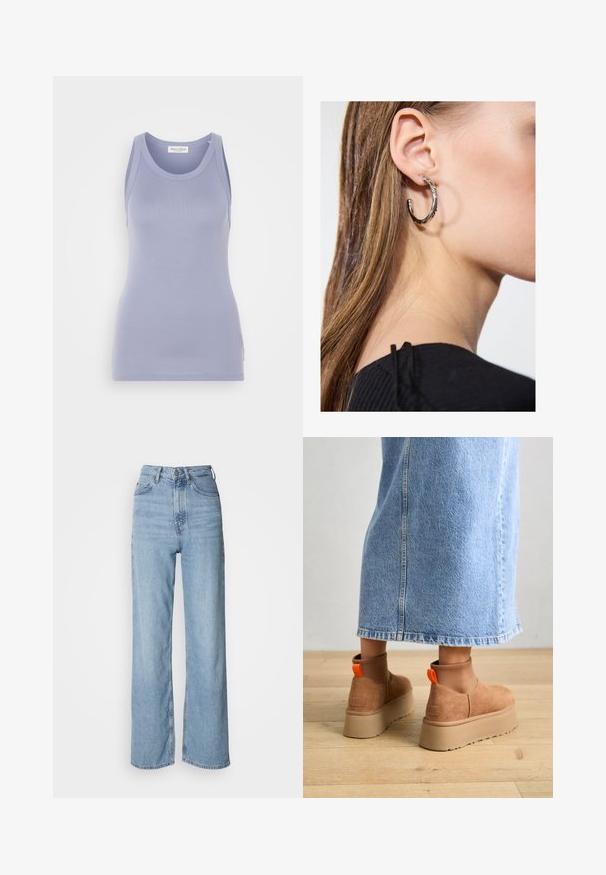 oliwkowy, pikowany długi płaszcz z przestronnym kapturem, sznurkiem ściągającym i dwiema bocznymi kieszeniami. Gładka tekstura, prosty krój i zaokrąglony dół.; Jasnoliliowa koszulka na ramiączkach o dopasowanym kroju, wykonana z gładkiej dzianiny. Posiada okrągły dekolt i szerokie ramiączka, minimalne oznakowanie.; Jasnoniebieskie jeansy z wysokim stanem i prostą nogawką, wykonane z denimu, z zapięciem na przedni guzik i delikatnymi efektami przecierania.; Brązowe zamszowe buty na platformie z elastycznymi bokami i pomarańczowymi uchwytami, w połączeniu z jasnoniebieską spódnicą do kolan na drewnianej podłodze.; Srebrny kolczyk w kształcie koła z polerowanym wykończeniem, z małymi złotymi akcentami, noszony na płatku ucha.