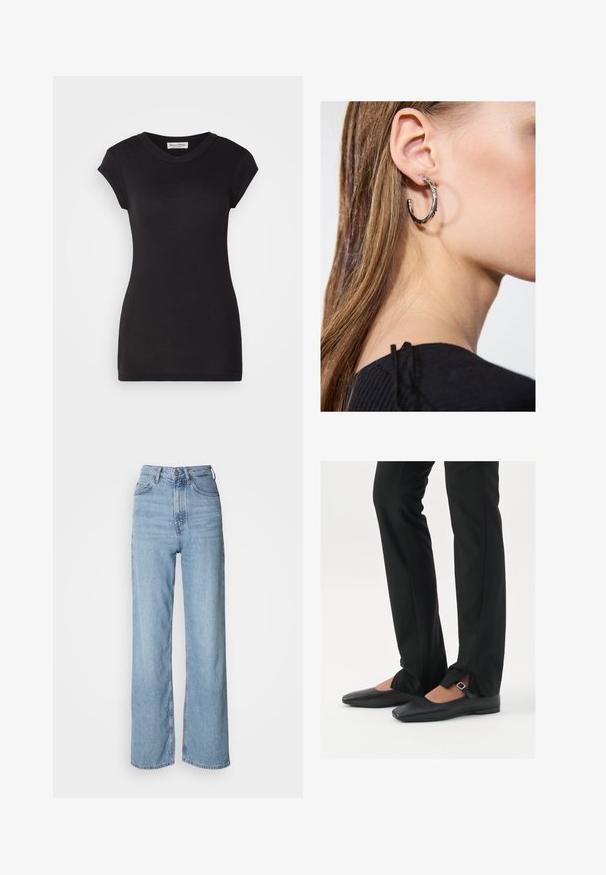 Olivovo zelený, polstrovaný dlhý kabát s priestrannou kapucňou, sťahovacími šnúrkami a dvoma bočnými vreckami. Hladký textúr, rovný strih a zaoblený lem.; Čierne bavlnené tričko s okrúhlym výstrihom, krátkymi zrolovanými rukávmi a priliehavým strihom. Hladká textúra a minimalistický štýl.; Svetlo modré vysoko pásové džínsy s rovnými nohavicami, vyrobené z denimu, s predným zapínaním na gombíky a jemnými vyblednutými detailmi.; Čierne kožené baletky s špicatou špičkou, remienkom so striebornou prackou, skombinované s čiernymi strihovými nohavicami so rozparkom na leme.; Strieborná kruhová náušnica s lesklým povrchom, obsahujúca malé zlaté akcenty a okrúhly tvar, nosená na lalôčiku ucha.