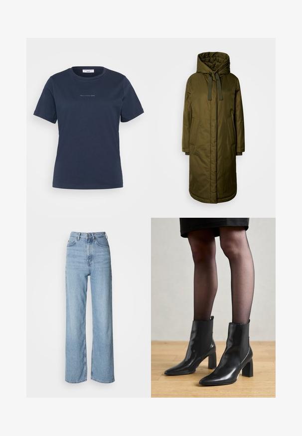 Olīvzaļš, pildīts garais mētelis ar plašu kapuci, auklām un divām sānu kabatām. Gluda tekstūra, taisns griezums un noapaļots apakšmalas dizains.; Tumši zila īsām piedurknēm T-krekls no kokvilnas, ar apaļu kakla izgriezumu un mazu "Mare O'Polo DENIM" logotipu priekšpusē.; Gaiši zili augstā vidukļa džinsi ar taisnu kāju, izgatavoti no denima, ar priekšējo pogu aizdari un smalkām izbalēšanas detaļām.; Melni ādas potīšu zābaki ar izdilušu purngala formu, masīvu kvadrātveida papēdi un elegantu dizainu. Iekļautas elastīgas sānu paneļi, kas nodrošina ērtu uzvilkšanu.