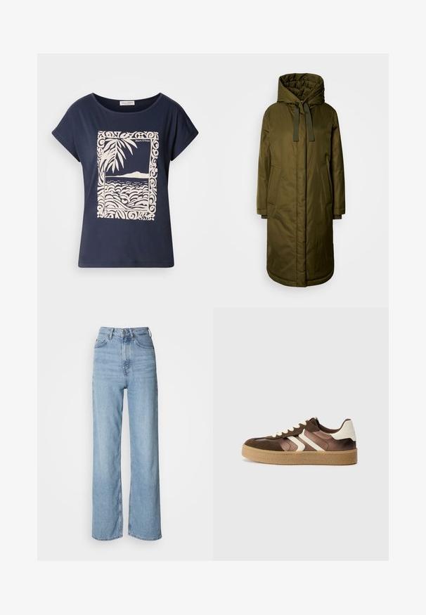 Abrigo largo acolchado de color verde oliva, con capucha amplia, cordones y dos bolsillos laterales. Textura suave, corte recto y dobladillo redondeado.; Camiseta de algodón azul marino con un gráfico color crema de olas y hojas de palmera dentro de un borde decorativo. Textura suave, mangas cortas.; Vaqueros de tiro alto de color azul claro con pernera recta, hechos de denim, que presentan un cierre frontal con botón y detalles de desgaste sutil.; Zapatillas marrones y crema con una combinación de materiales de ante y satén, que presentan tres rayas diagonales y una suela de goma texturizada.