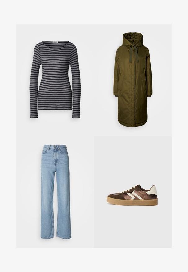 Olivgrüner, gepolsterter langer Mantel mit einer geräumigen Kapuze, Zugband und zwei Seitentaschen. Glatte Textur, gerader Schnitt und abgerundeter Saum.; Langarm-Shirt in dunkelgrau und hellgrau gestreift. Mit Rundhalsausschnitt und taillierter Passform. Hergestellt aus weichem, leichtem Stoff.; Hellblaue hochgeschnittene Jeans mit geradem Bein, aus Denim gefertigt, mit einem Frontknopfverschluss und dezenten Verblassungen.; Braune und cremefarbene Sneakers aus einer Kombination von Wildleder und Satin, mit drei diagonalen Streifen und einer strukturierten Gummisohle.