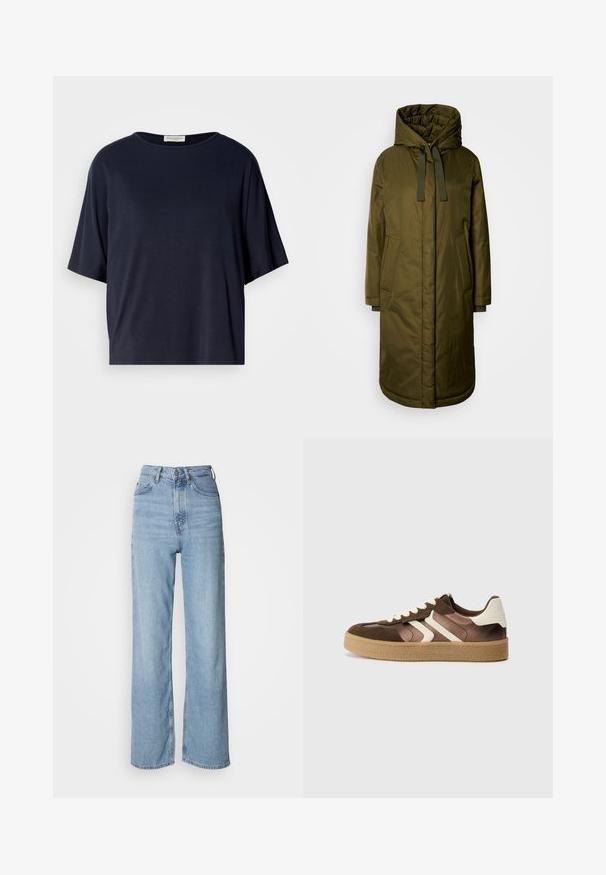 Olivgrön, vadderad lång jacka med en rymlig huva, dragsko och två sidofickor. Slät textur, rak skärning och rundad nederdel.; Marinblå t-shirt med kort ärm tillverkad av mjukt tyg med lös passform och rund halsringning. Har en minimalistisk design utan synliga mönster.; Ljust blå högmidjade jeans med rak ben, tillverkade av denim, med en framknäppning och subtila blekningar.; Bruna och krämfärgade sneakers med en kombination av mocka och satinmaterial, med tre diagonala ränder och en texturerad gummisula.
