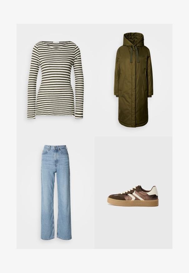 Tamsiai žalia, paminkštinta ilga striukė su erdvia kepure, raišteliais ir dviem šoninėmis kišenėmis. Lygi tekstūra, tiesus kirpimas ir apvalūs kraštai.; Ilgų rankovių marškiniai su apvalia iškirpte, su pakaitinėmis alyvuogių žalios ir baltos horizontaliomis juostelėmis. Pagaminti iš minkštos, lengvos medžiagos.; Šviesiai mėlynos aukštu juosmeniu džinsinės kelnės su tiesiomis kojomis, pagamintos iš džinsinio audinio, su priekiniais mygtukais ir subtiliais blukimo akcentais.; Rudi ir kreminiai sportbačiai, pagaminti iš zomšos ir satino, su trimis įstrižomis juostelėmis ir tekstūruotu guminiu padu.