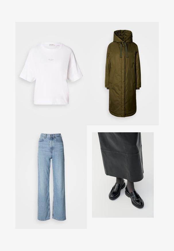 Caban lung, căptușit, de culoare verde măsliniu, cu un glugă spațioasă, sfoară de strângere și două buzunare laterale. Textură netedă, croială dreaptă și tiv rotunjit.; Tricou alb supradimensionat dintr-un material moale, cu decolteu rotund și mâneci scurte. Mic logo imprimat în centrul din față.; Jeans de culoare albastru deschis, cu talie înaltă și picior drept, realizate din denim, dotate cu închidere frontală cu buton și detalii ușor decolorate.; Loaferi negri din piele cu o finisare netedă, dotati cu o curea decorativă, vârf rotund și talpă texturată. Purtați cu o fustă lungă din piele neagră.