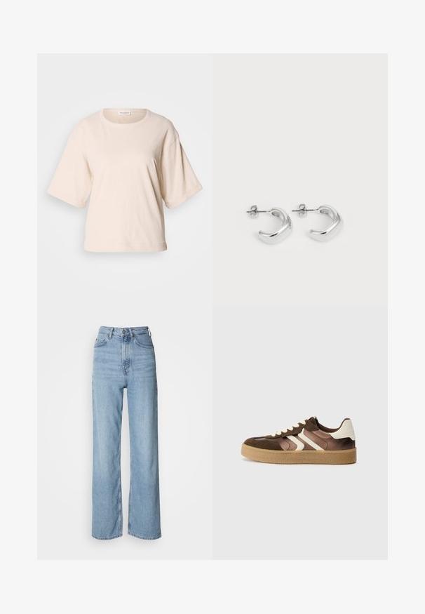 Olīvzaļš, pildīts garais mētelis ar plašu kapuci, auklām un divām sānu kabatām. Gluda tekstūra, taisns griezums un noapaļots apakšmalas dizains.; Gai bēšas īsām piedurknēm t-krekls, izgatavots no mīkstas kokvilnas. Ar apaļu kakla izgriezumu un brīvu piegriezumu ar sarullētām piedurknēm. Minimālisma dizains.; Gaiši zili augstā vidukļa džinsi ar taisnu kāju, izgatavoti no denima, ar priekšējo pogu aizdari un smalkām izbalēšanas detaļām.; Brūni un krēmkrāsas tenisi ar suede un satīna materiālu kombināciju, ar trim diagonālām svītrām un strukturētu gumijas zoli.; Sudraba gredzena auskari ar gludu, pulētu apdari. Apaļa forma ar nedaudz izliekta dizaina un sajauktām malām. Ar tapu aizdari.