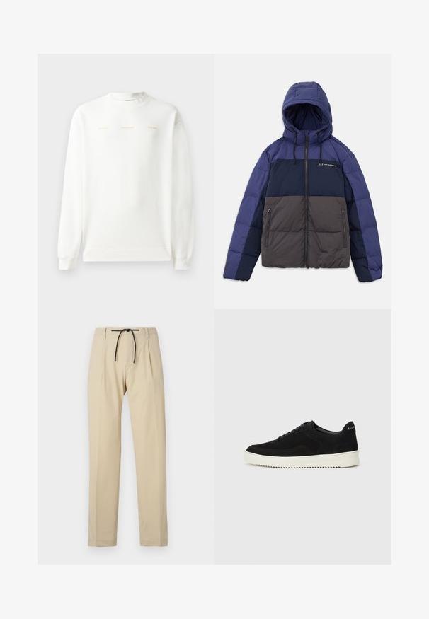 Polstret jakke med hette, med en fargeblokkdesign i mørk marineblå, lys marineblå og grå. Lynlås lommer og justerbare snorer er inkludert.; Hvit sweatshirt med rund hals, lange ermer og ribbet mansjetter. Har gulltrykt tekst over brystet: "HZW (25-26) HOLZWEILER THE SUN."; Beige bukser med lige pasform, som har snørelukking i livet, plisseret foran og en glat tekstur. Enkel, alsidig design.; Svart semsket sneakers med snøring og kontrasterende hvit gummisåle. Har teksturerte sidepaneler og subtil merkevare på hælen.