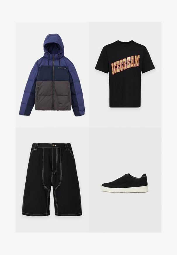 Casaco acolchoado com capuz, apresentando um design em blocos de cor em azul marinho escuro, azul marinho claro e cinza. Inclui bolsos com fecho e cordões ajustáveis.; T-shirt de algodão preto com uma grande e ousada grafia "ICECREAM" em amarelo e vermelho, com um design texturizado e padrão nas letras.; Calções pretos com corte reto, feitos de um tecido resistente. Apresentam costuras brancas e um detalhe com botão dourado. Incluem bolsos frontais.; Sapatilhas de camurça pretas com design de atacadores e sola de borracha branca em contraste. Apresenta painéis laterais texturizados e uma marcação discreta no calcanhar.