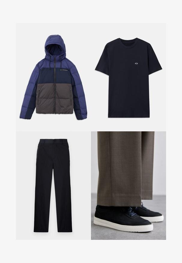 Vooderiga paks jakk, millel on värviline disain tumesinisest, helesinisest ja hallist. Lukkudega taskud ja reguleeritavad nöörid.; Tume sinine puuvillane T-särk lühikeste varrukatega ja ümmarguse kaelusega. Esiküljel on vasakul rinnal väike valge "A|X" logo.; Mustad püksid, millel on kerge, tekstuuriga kangas, sirge jala disain, elastne vöökoht ja küljetaskud sipsiga.; Mustad suleed sneakers valge kummist tallaga, ümarate varvaste ja paeltega, kantud hallide ülikonna pükste kõrval.