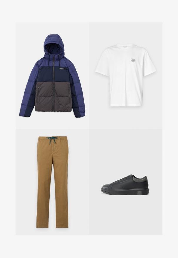 Giacca imbottita con cappuccio, caratterizzata da un design colorblock in blu scuro, blu chiaro e grigio. Tasche con zip e cordini regolabili inclusi.; T-shirt bianca in cotone con maniche corte, colletto tondo e un piccolo logo grigio nella zona sinistra del petto. Texture liscia.; Pantaloni in cotone marroni con vita regolabile in teal. Il design presenta gambe dritte e nessuna tasca o decorazione visibile.; Sneaker in pelle nera con finitura liscia, punta arrotondata e accenti grigio scuro. Presenta un design con lacci e suola in gomma testurizzata.